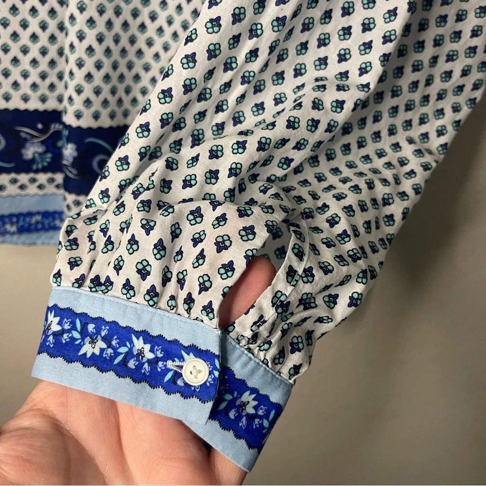 J. Crew White Blouse with Navy and Light Blue Border Print